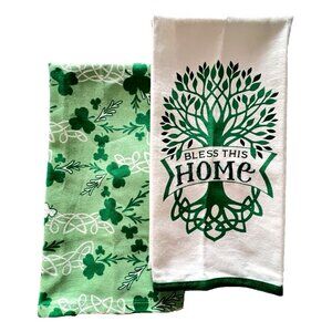Shamrocks Celtic TOWEL Set Bless This Home Embroidery Irish 3-Leaf Clover Green